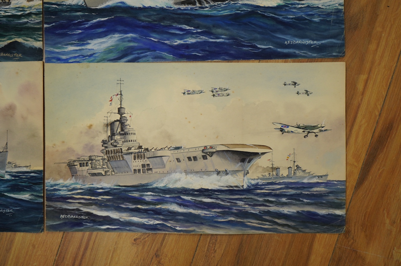 AFD Bannister, set of four original WWII watercolours for post card designs, Warships to include ‘HM Submarine Pandora’, ‘HMS Lightening Destroyer’ and ‘HMS Formidable Aircraft Carrier’, each signed with official censor